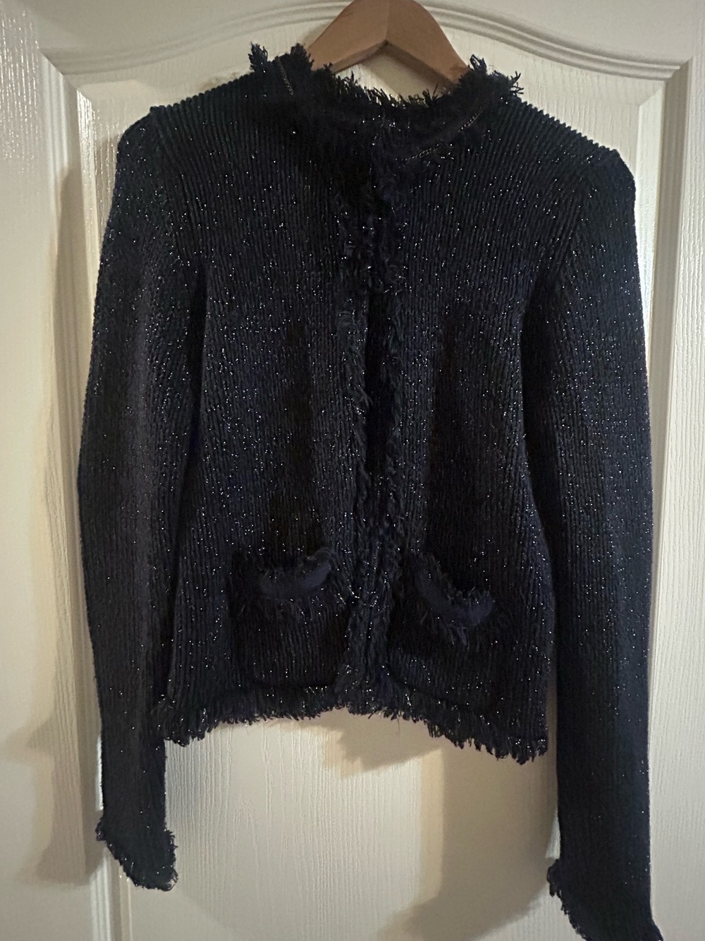 Express Dark Navy Fringe-Trim Open Cardigan